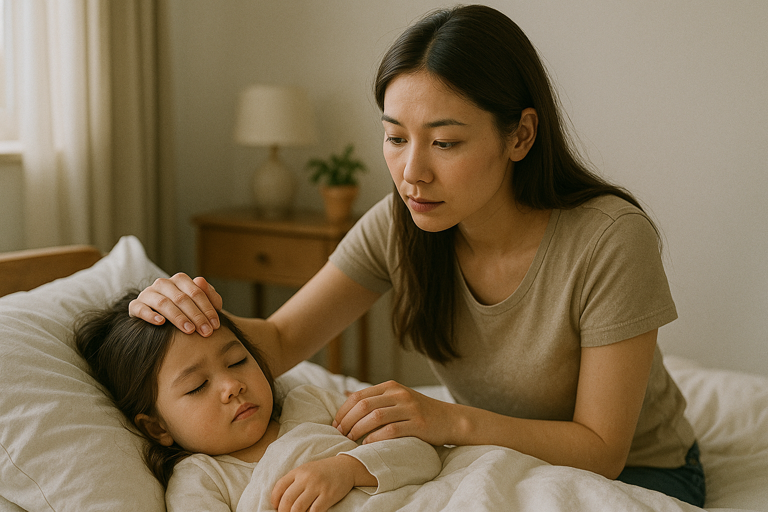 ベッドで休む子どもと看病する母親